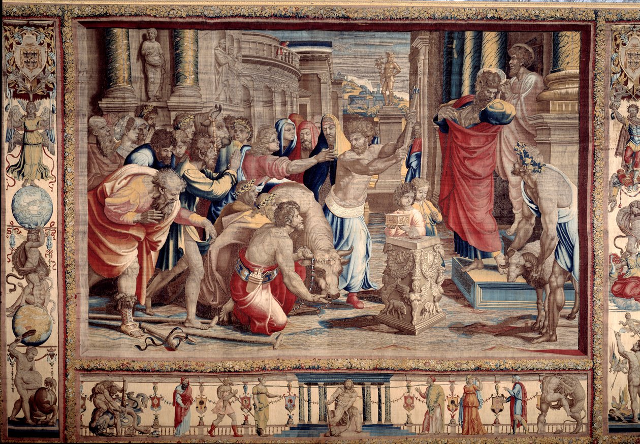 Offret i Lystra - apostlarna Petrus och Paulus liv: Den helige Paulus förkastar gudomlig ära, efter att ha bekämpat en invalid, tar invånarna honom för en gud och vill göra uppoffringar - Tapestry d