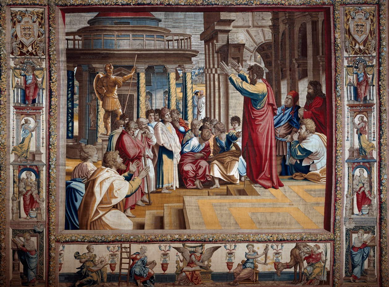 Aposteln Sankt Paulus predikar på flygplanet i Atentapet efter målning på kartong av Raffaello Sanzio dit Raphael (1483-1520), början av 1500-talet sön. 4,95x6,45 m Mantua, hertigpalatset (Mantua) av after Raphael