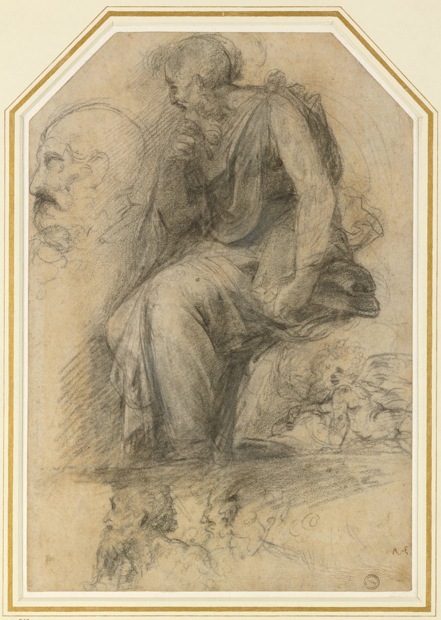 Ett manligt helgon, sittande (St Paul): Study for the Disputa, WA1846.189 (kol med vit höjning) av Raphael