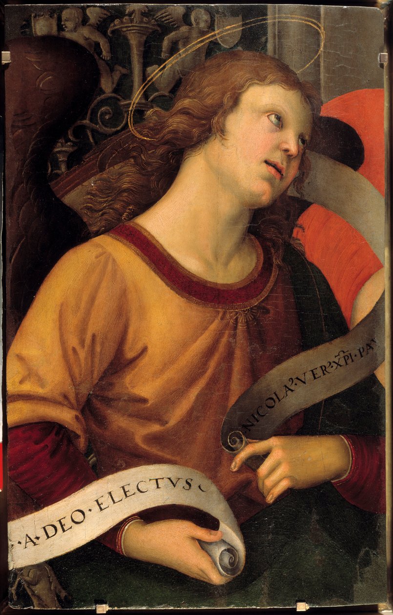 En ängel. Fragment av Baroncis altartavla. Målning av Raffaello Sanzio dit Raphael (1483-1520) av Raphael