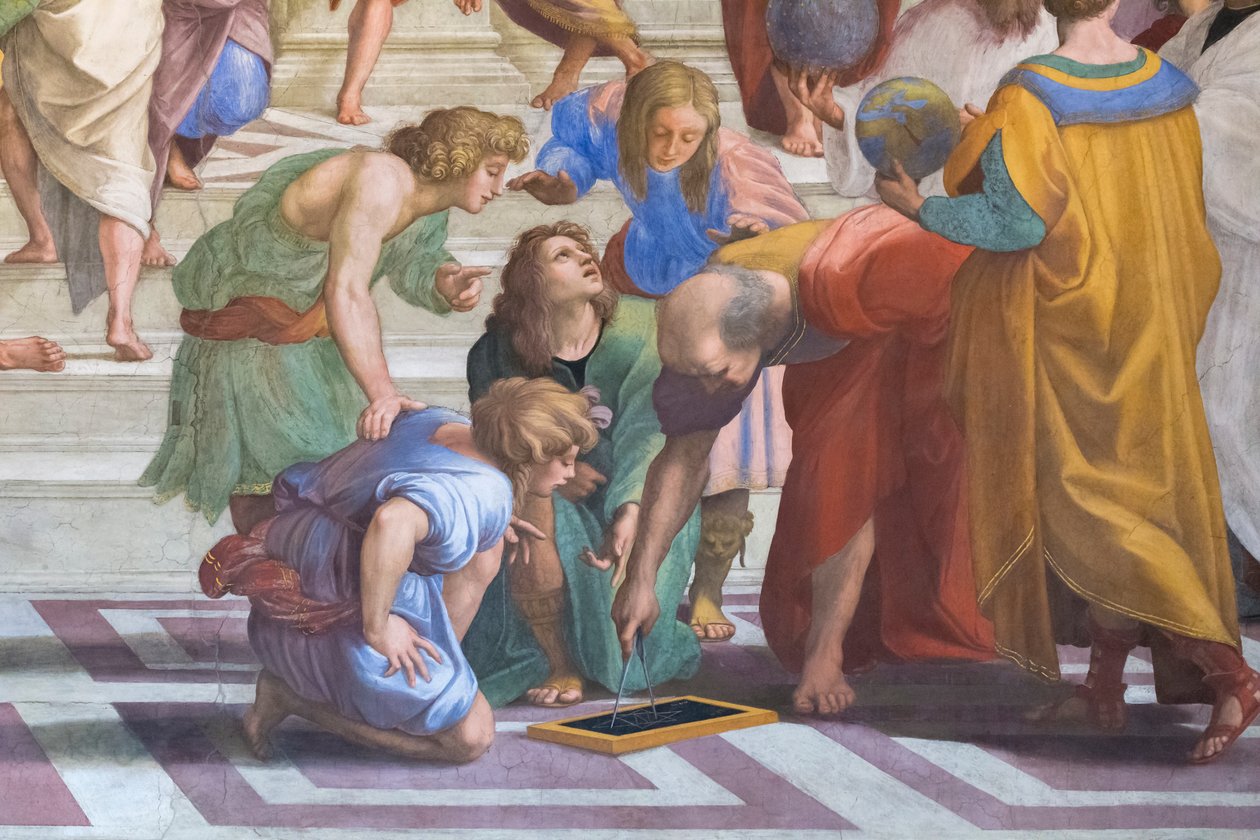 Euklides eller Arkimedes: detalj från skolan i Aten i Stanza della Segnatura av Raphael (1483 1520)
