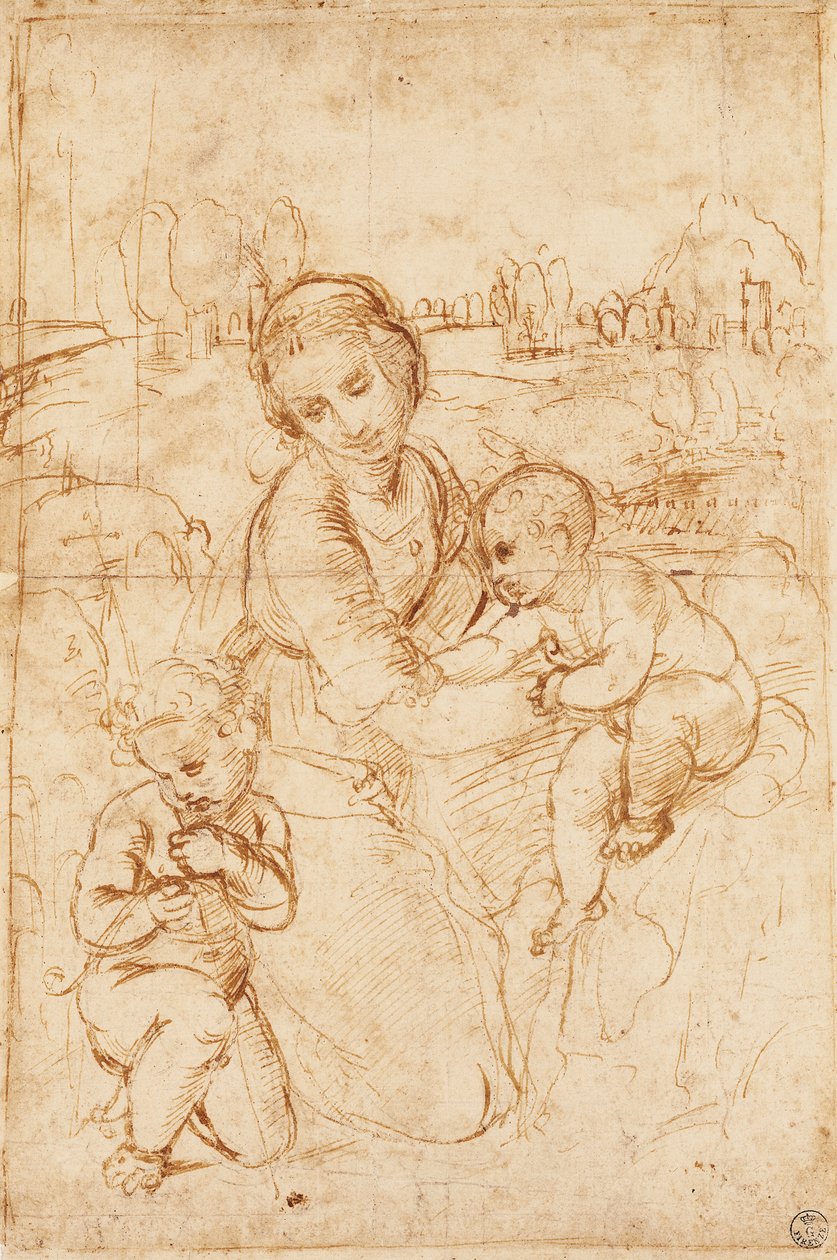 Madonna och barn med spädbarnet Johannes Döparen, ca 1508, av Raphael (1483-1520), teckning av Raphael (1483 1520)