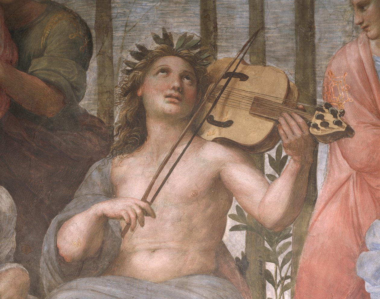 Parnassus, detalj av Apollo som spelar en viola da braccio, från Stanza della Segnatura av Raphael