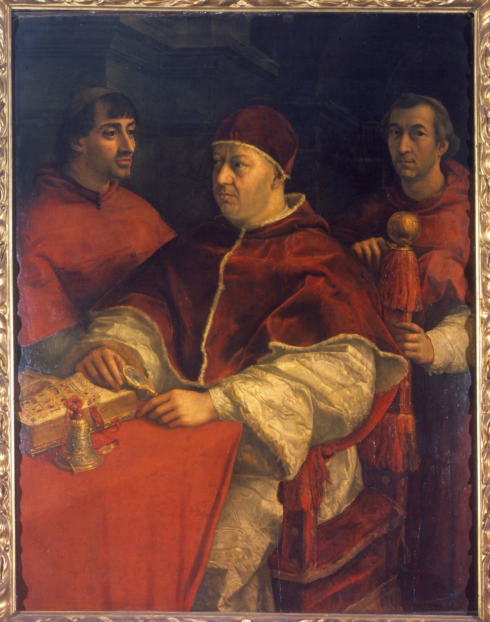 Porträtt av påven Leo X (1475-1521), son till Laurent de Medici (1449 - 1492) (Laurent den storartade: Lorenzo den storartade) omgiven av kardinalerna Luigi de 