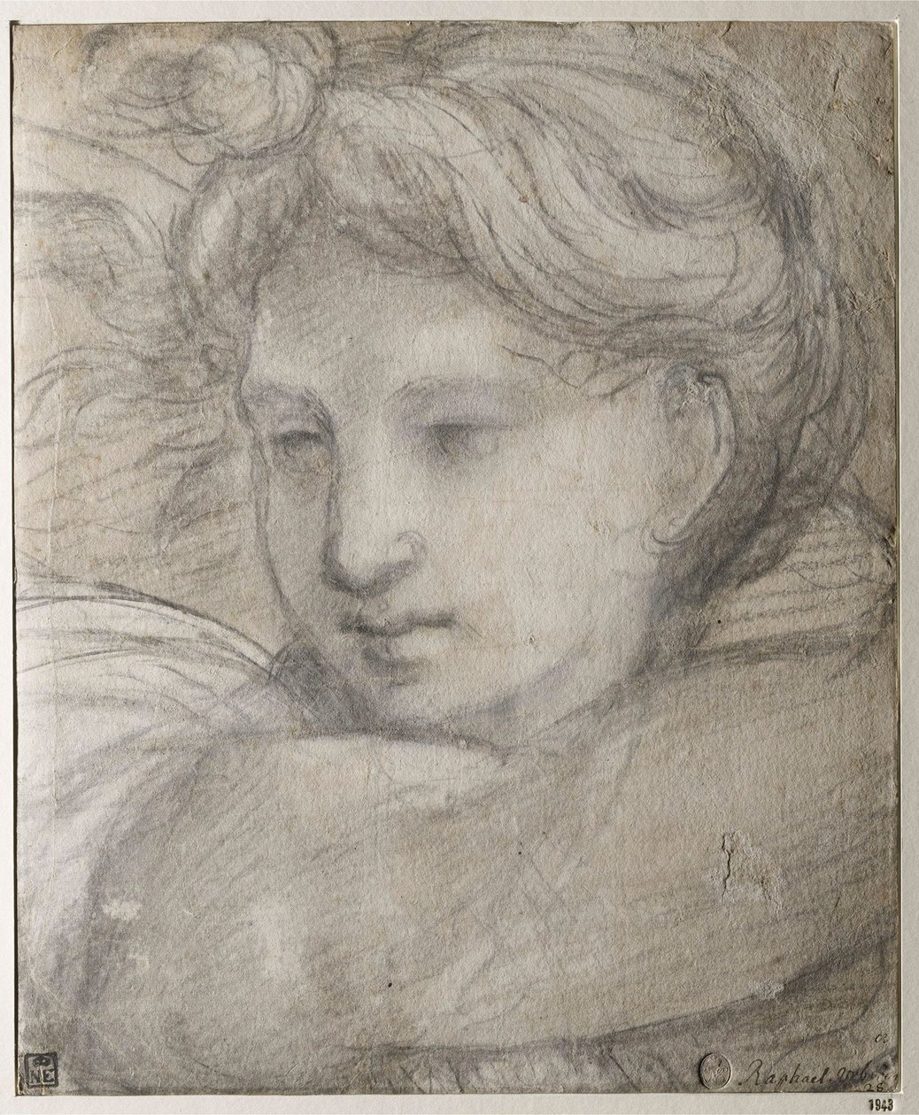 Raffaello Sanzio - Head of an Angel par Raphael (1483-1520), ca. 1520 - Svartvit krita på papper, 30,8x25,4 - Szepmuveszeti Muzeum, Budapest av Raphael