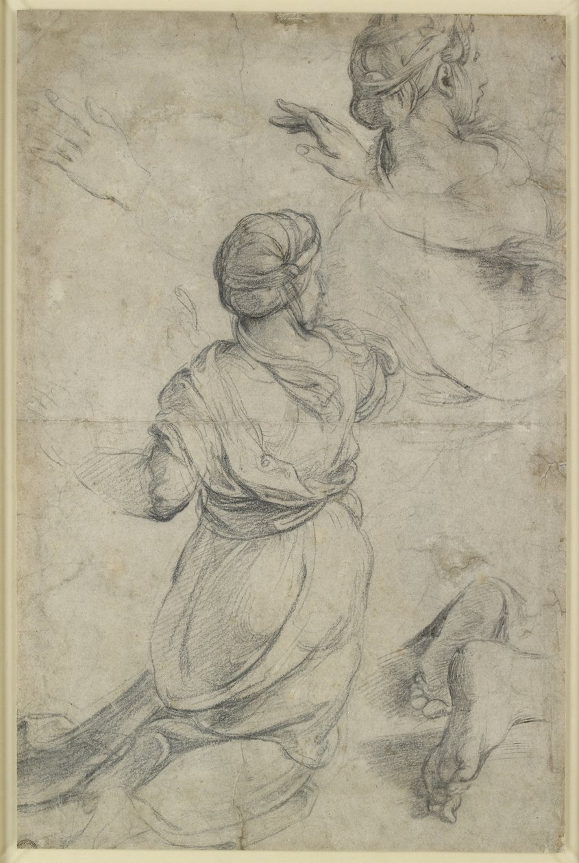 Recto: Studies for two kneing Women, WA1846.198 (svart krita) av Raphael