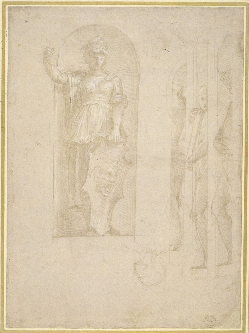 Studier för en figur av Minerva och andra statyer (silverspets med vit förhöjning på papper) av Raphael