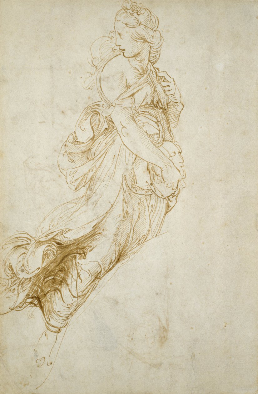 Studie för figuren av Melpomene (penna och brunt bläck på benvitt papper) av Raphael
