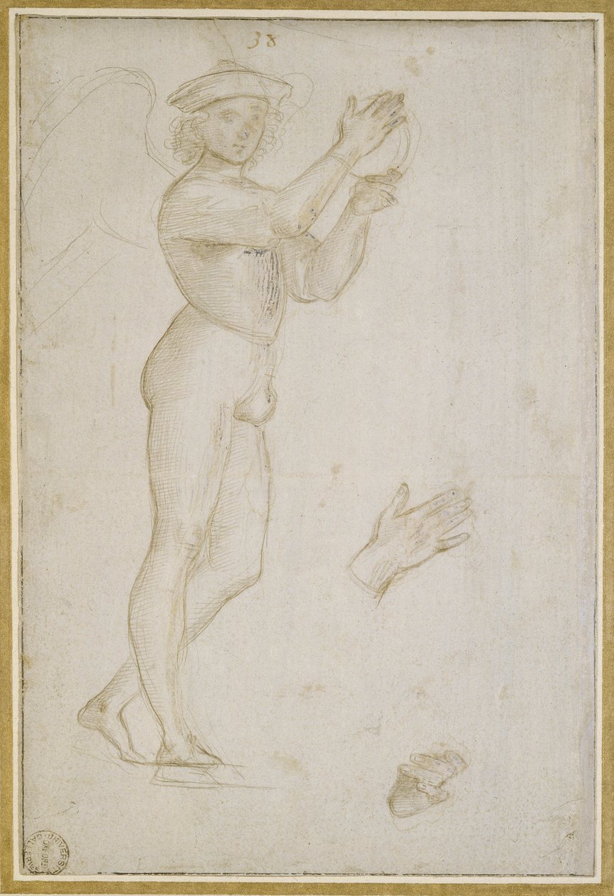 Studie av en ung man som gör musik (silverspets, förhöjd med kroppsfärg, på ett blekt stengrå preparat) av Raphael
