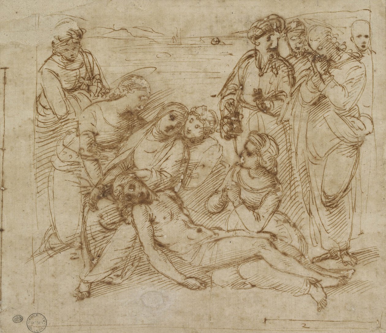 The Lamentation (penna och brunt bläck på vitt papper) av Raphael