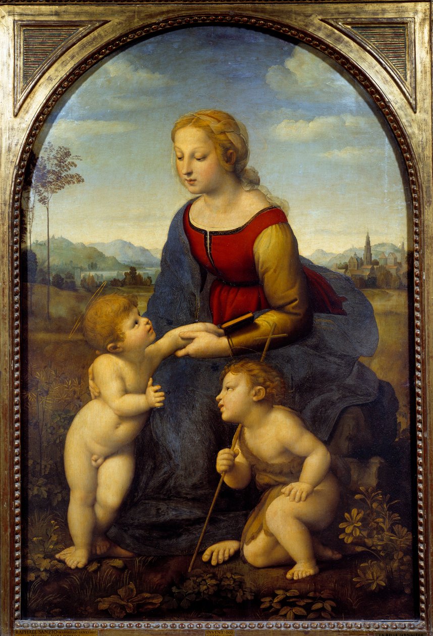 Jungfrun har ett barn med den lille Sankt Johannes, eller den vackra trädgårdsmästaren Målning av Raffaello Sanzio dit Raphael (1483-1520) 1507 Sön. 1,22x0,8 m av Raphael
