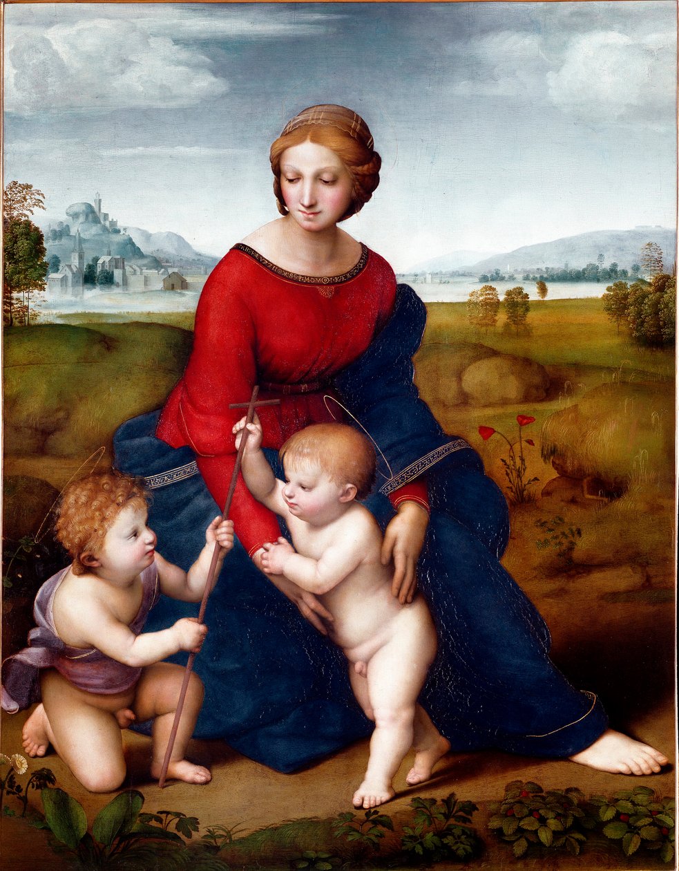 The Virgin in the Prairie eller Madonna of the Belvedere Målning av Raphael (Raffaello Sanzio 1483-1520) 1506 Sön. 113 X 88 cm Vienna Kunsthistorisches Museum av Raphael