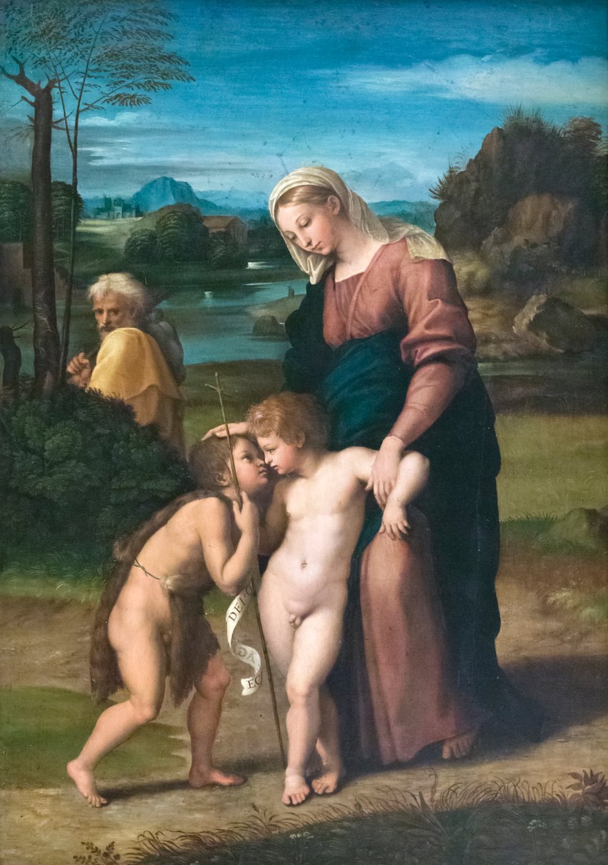 Den heliga familjen möter spädbarnet St John the Baptist, känd som Madonna del Passeggio av Raphael (1483 1520)