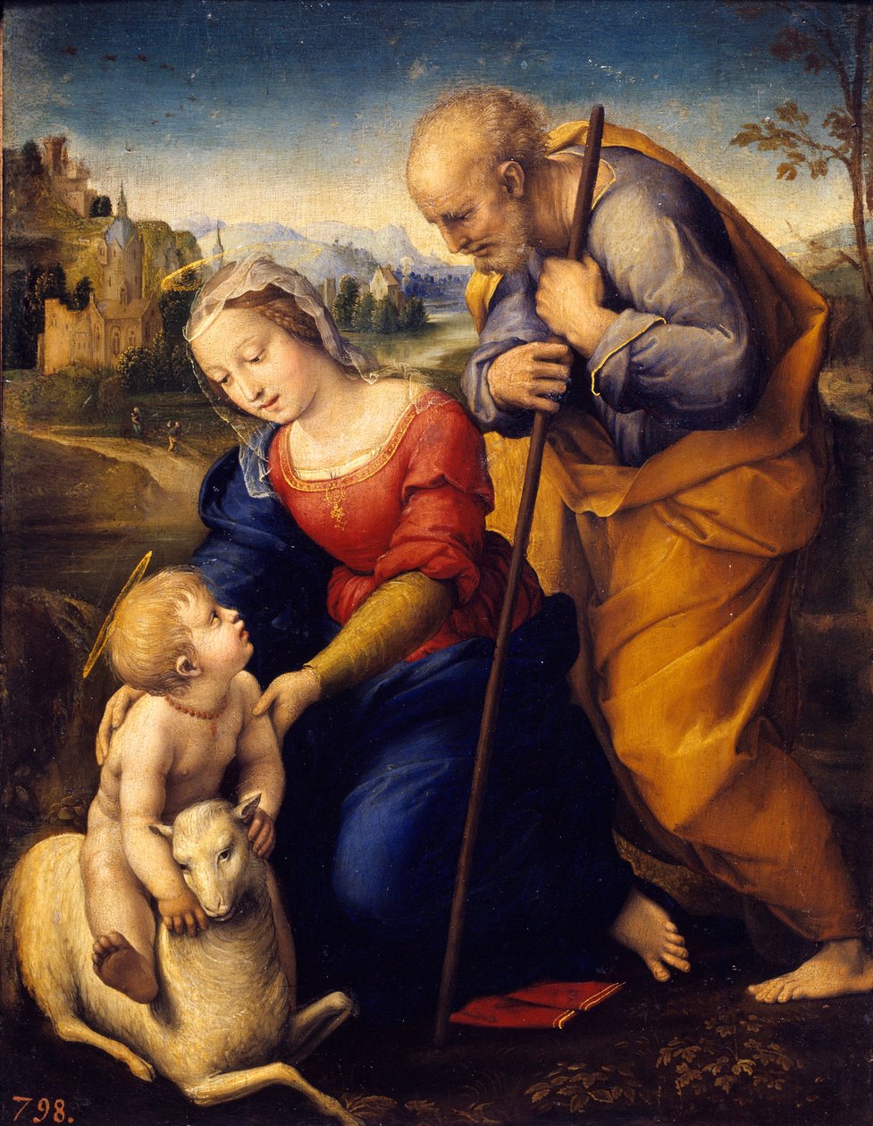 Den heliga familjen har lammet. Målning av Raffaello Sanzio dit Raphael (1483-1520) av Raphael