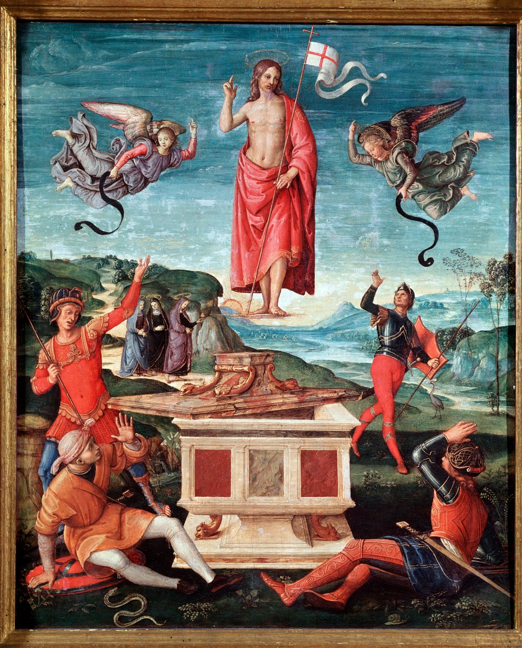 Uppståndelsen (The resurrection of christ) Jesus Kristus har ett käppkors i slutet av vilket en vit flagga (standard) svävar med ett rött kors - Målning av Raffaello Sanzio dit Raphael (1483-1520) 1501-1502 Dim 52x44 cm Sao Paulo, Museu de Arte av Raphael