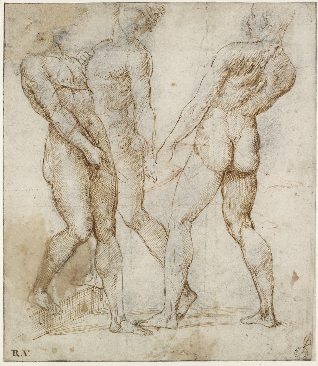 Tre nakenbärare (studie för Kristi gravläggning), WA1846.173 (penna & brunt bläck över svart krita, med röd krita över geometriska indikationer) av Raphael