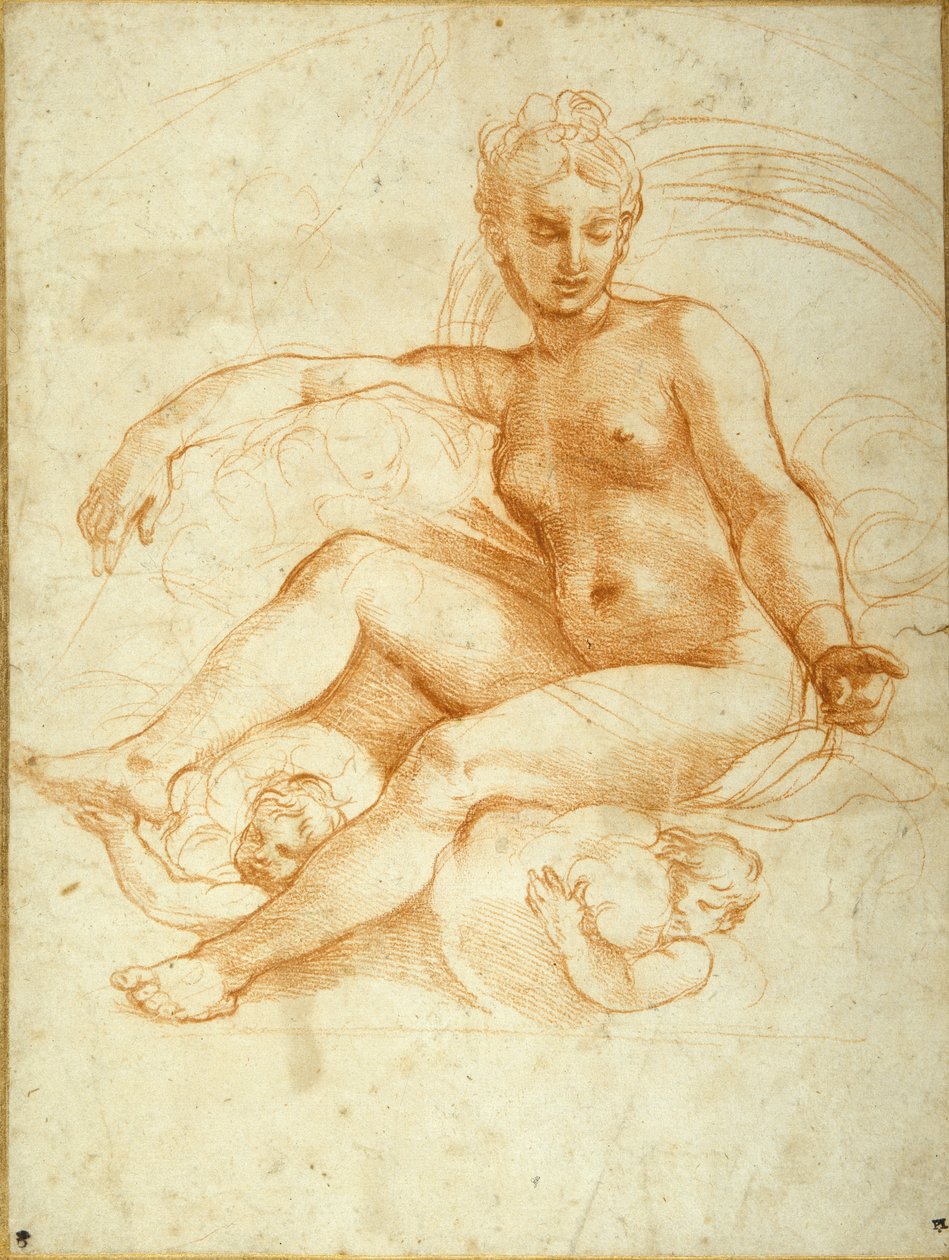 Venus sitter på moln som pekar nedåt (röd krita på vitt papper) av Raphael