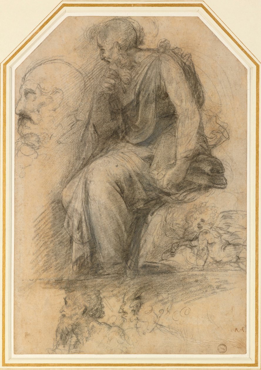 Ett manligt helgon, sittande Study for the Disputa, c1500-talet av Raphael