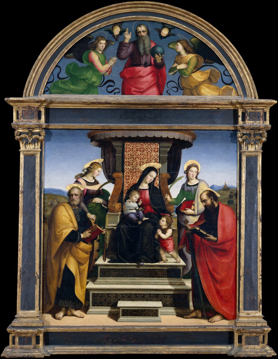 Madonna och barn tronade med heliga, ca. 1504. av Raphael