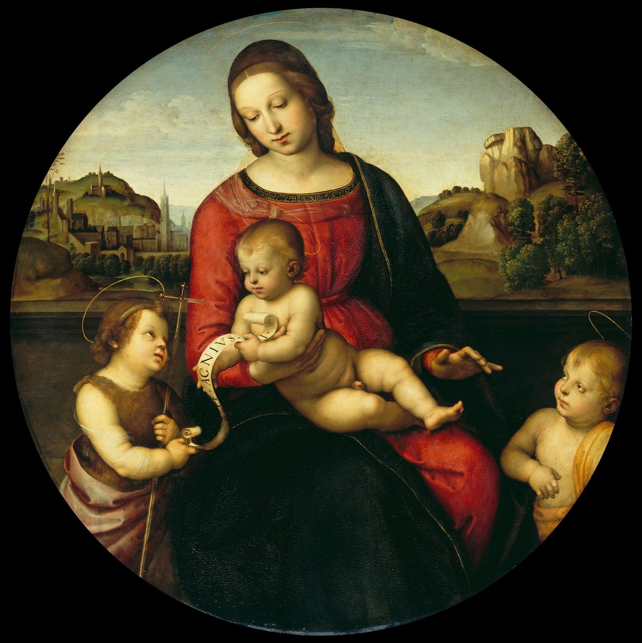 Maria med barnet, Johannes Döparen och en helig pojke Madonna Terranuova, ca. 1505 av Raffaello Sanzio Raphael