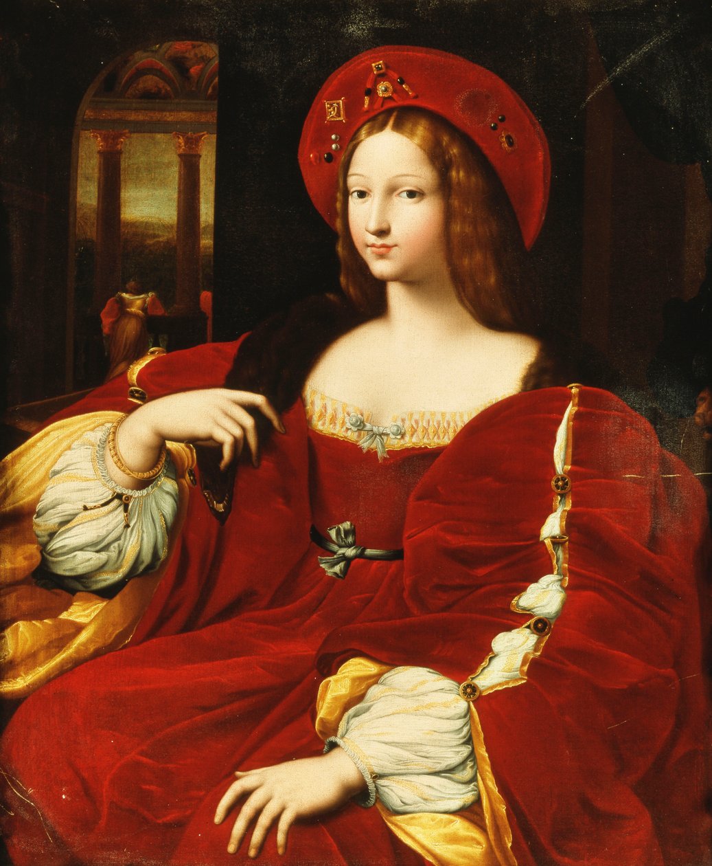 Porträtt av Giovanna av Aragon, sittande tre fjärdedels längd, i hennes kammare, av Raphael