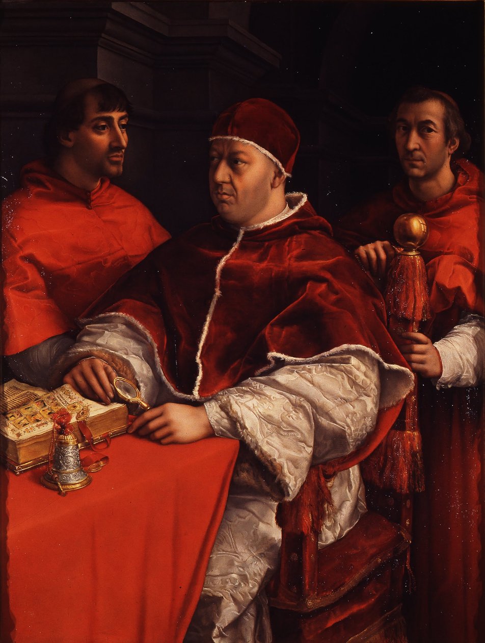Porträtt av påven Leo X med kardinalerna Giulio de Medici och Luigi de Rossi, ca 1518 av Raffaello Sanzio Raphael