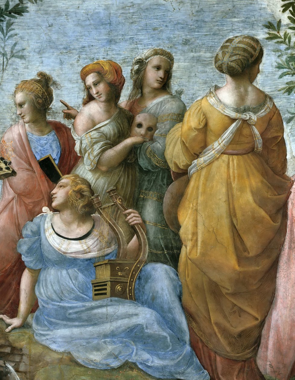 Parnass. Detalj. Fresk i Stanza della Segnatura, ca 1510-1511. av Raphael