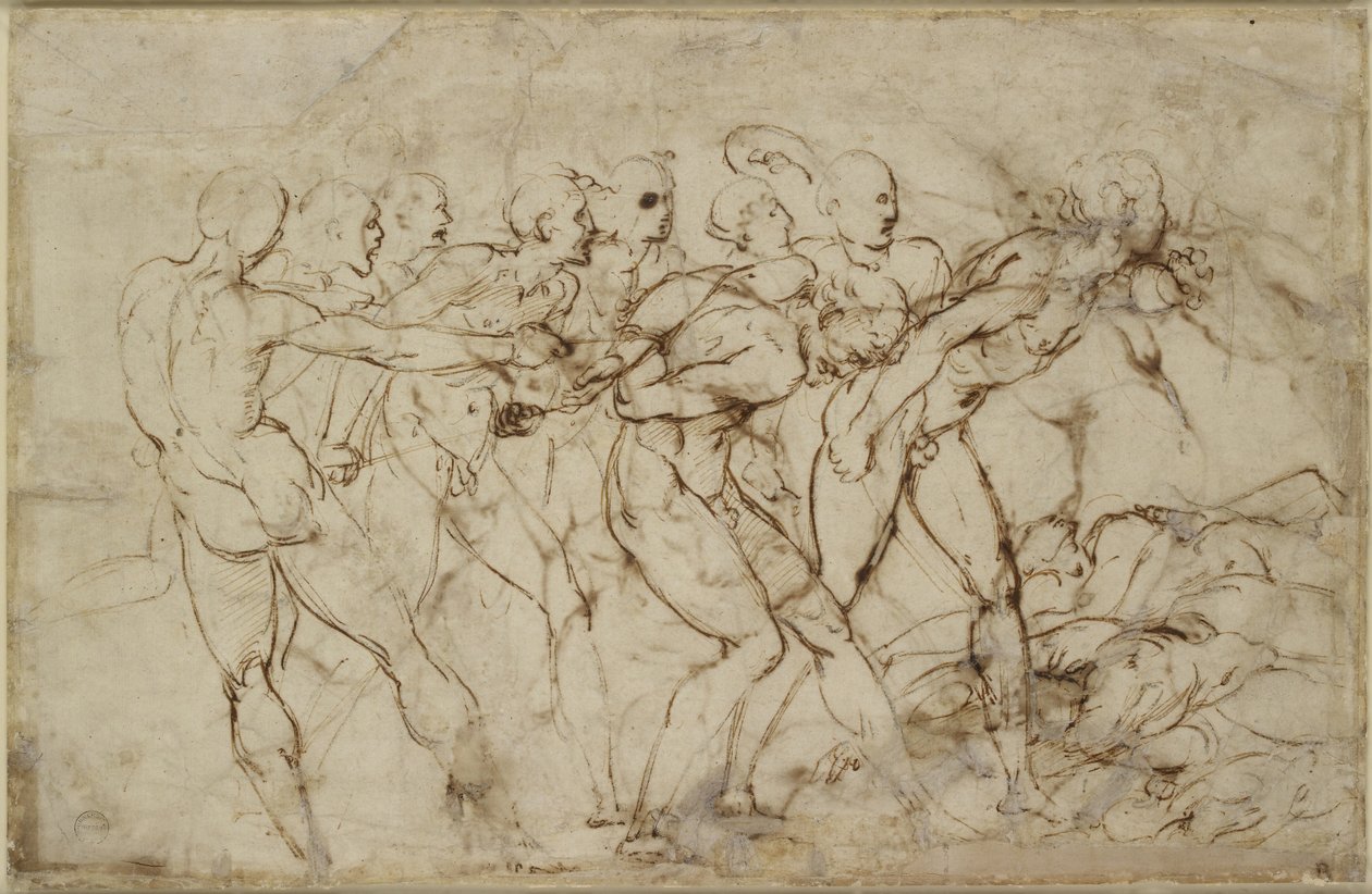 En strid av nakna krigare med fångar, WA1846.179 (penna och brunt bläck över svart krita) av Raffaello Sanzio Raphael