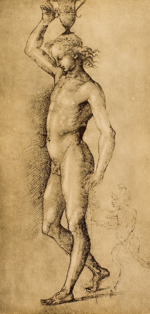 Bacchus känd som Idolino, teckning av Rafael. Cabinet of Drawings and Prints, Uffizi Gallery, Florens av Raffaello Sanzio Raphael