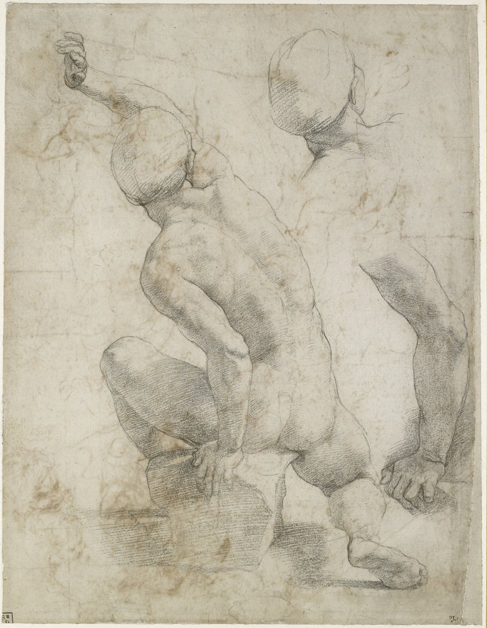 Recto: Naken man sittande på en sten, WA1846.200 (svart krita på benvitt papper) av Raffaello Sanzio Raphael