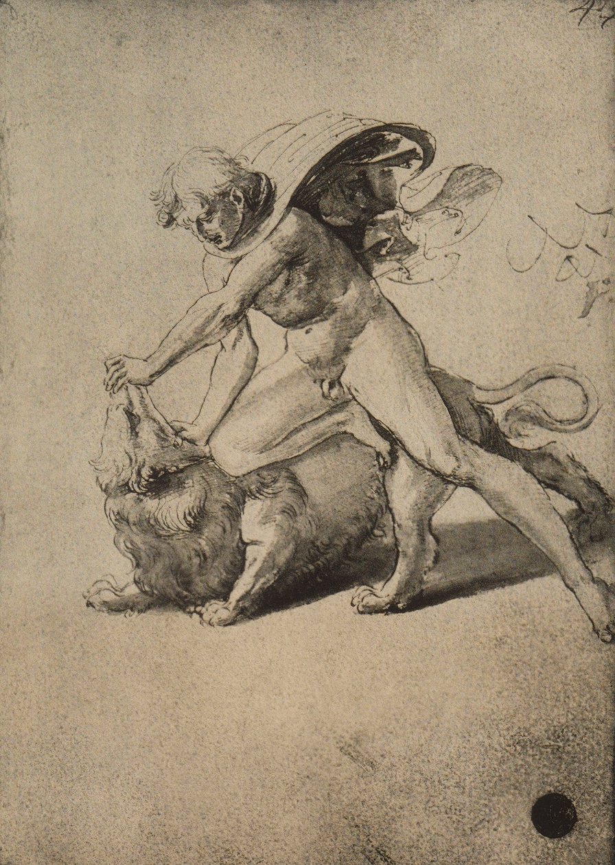Simson kämpar mot lejonet; teckning av Raphael. Gallerie dellAccademia, Venedig av Raffaello Sanzio Raphael