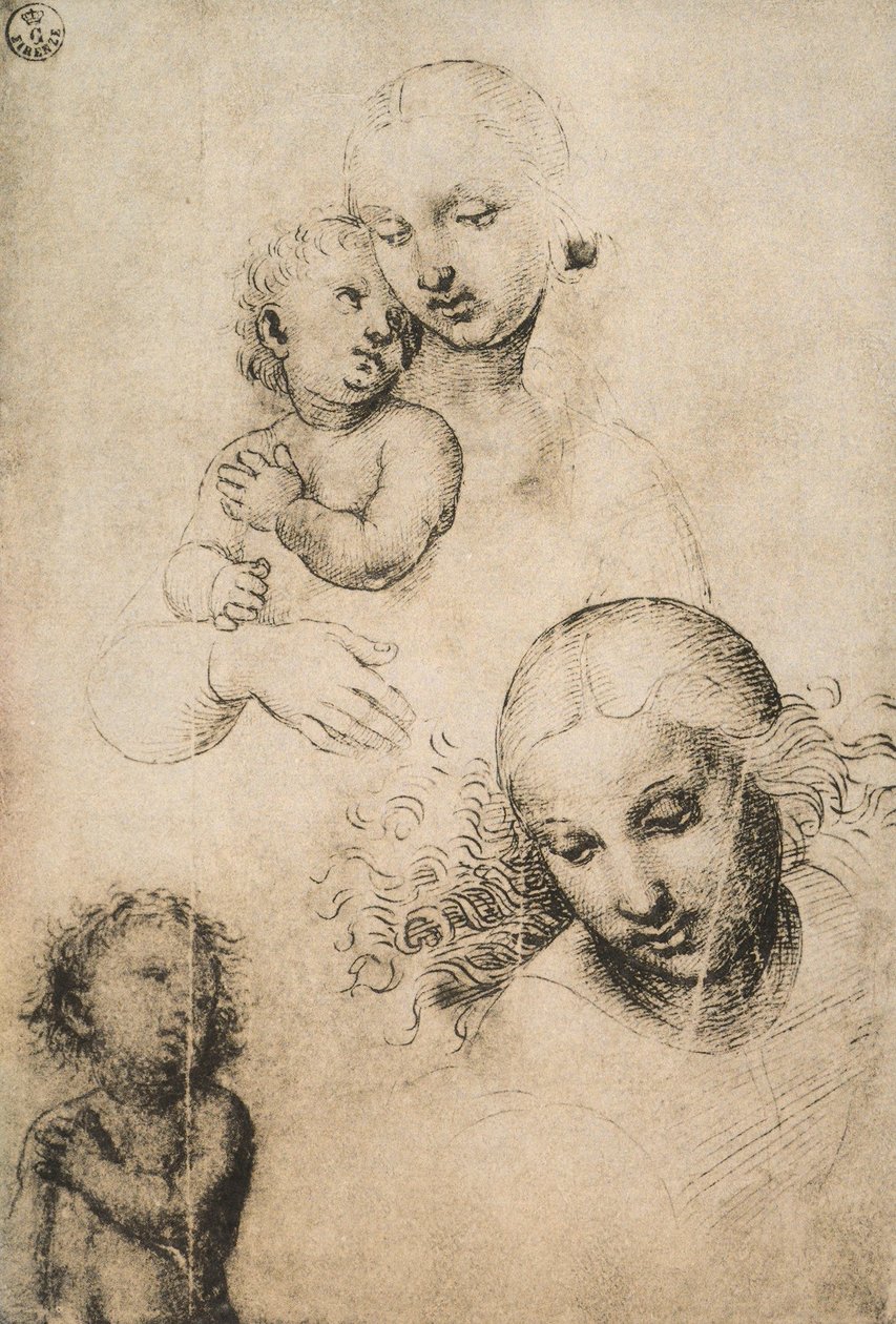 Study for a Madonna and Child, teckning av Raffaello Sanzio. Cabinet of Drawings and Prints, Uffizi Gallery, Florens av Raffaello Sanzio Raphael