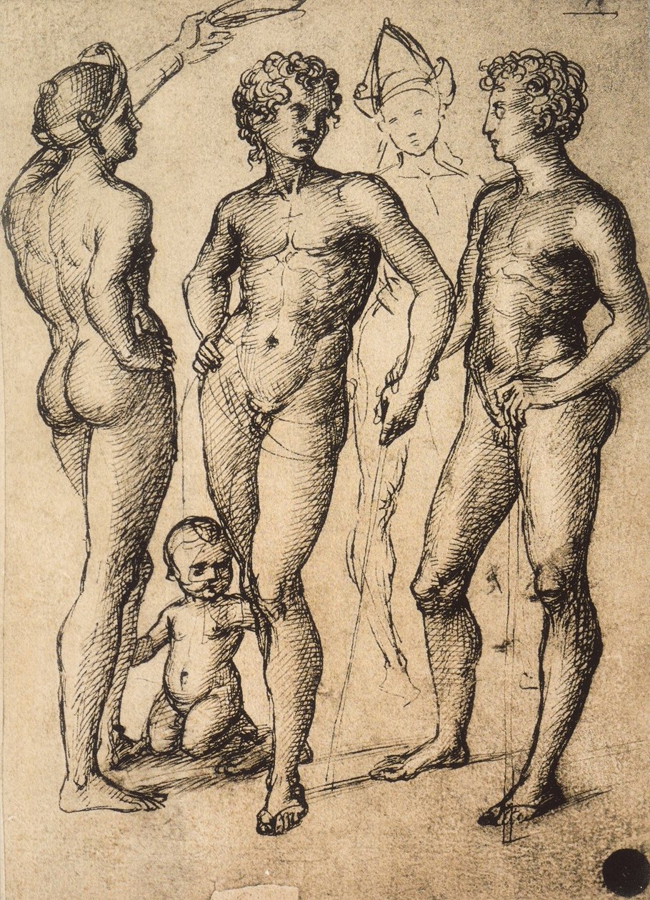 Studie av fyra mansfigurer och en baby; teckning av Raphael. Gallerie dellAccademia, Venedig av Raffaello Sanzio Raphael