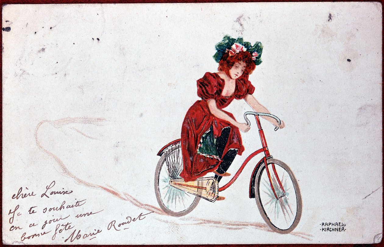 Vykort av en kvinna på en cykel - illustration av R. Kirchner, v.1900 av Raphael Kirchner
