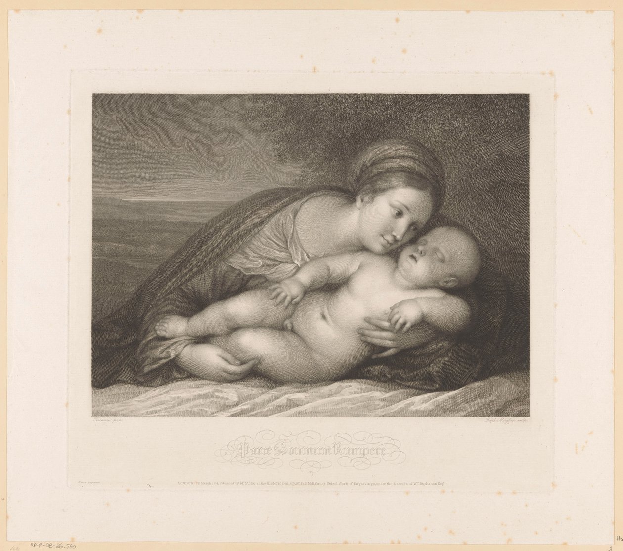 Mary med sovande barn i landskap Parce Somnum Rumpere (titel på objekt) av Raphael Morghen