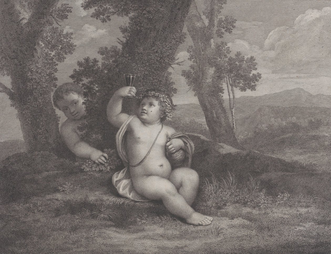 Spädbarnet Bacchus satt under ett träd och håller upp ett vinglas med ett annat spädbarn bakom..., 1780 av Raphael Morghen