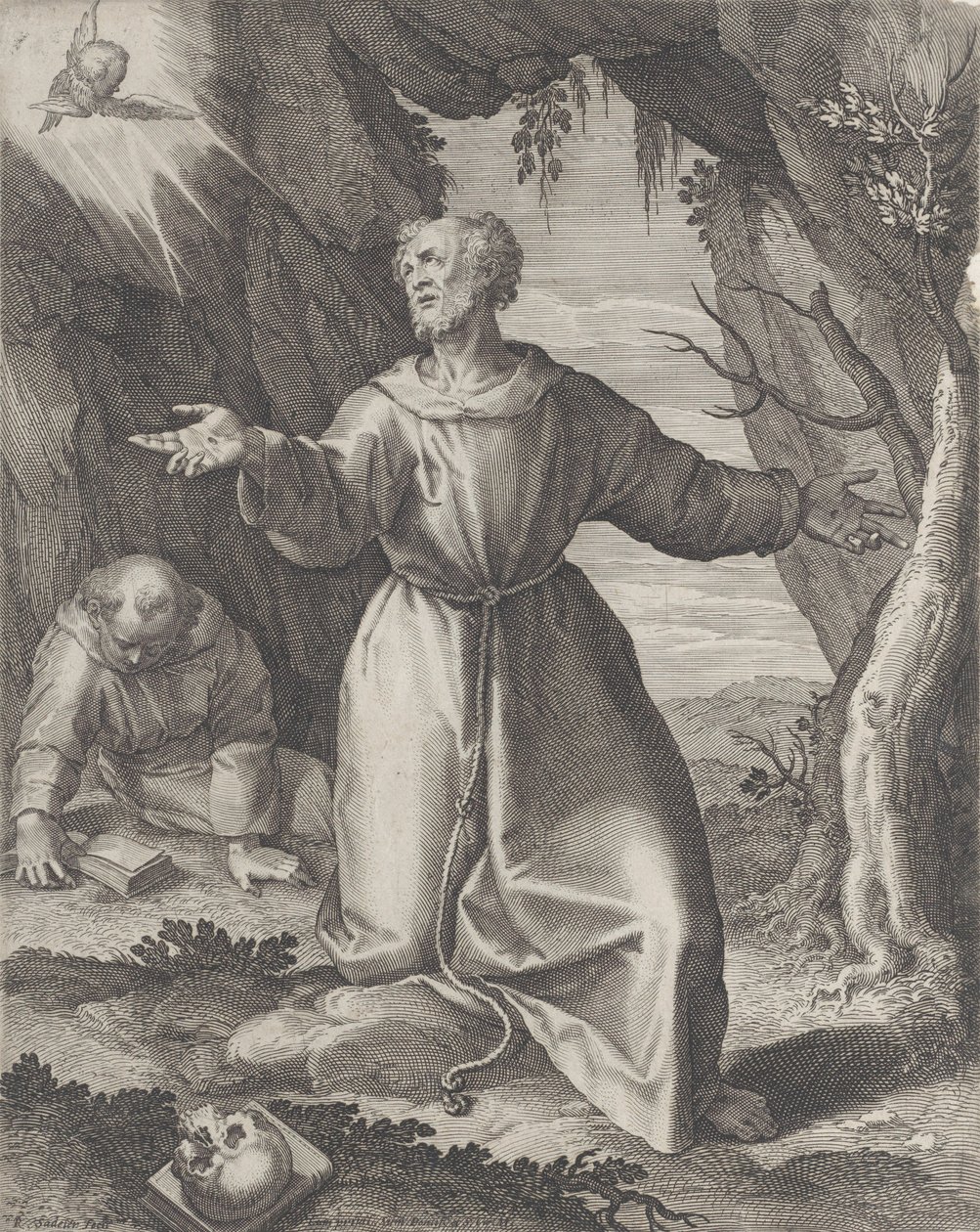 Saint Francis knäböjer med armarna utsträckta och tittar mot en kerub uppe till vänster,..., 1599. av Raphael Sadeler