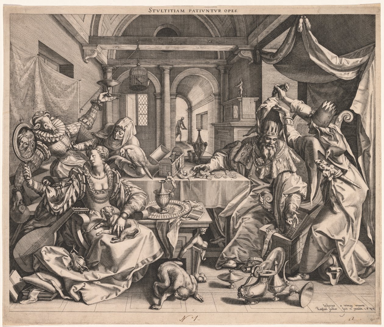 Stultitiam patiuntur opes (Rikdom tillåter dumhet), eller, Allegory of Wealth, Lust och Stupidity av Raphael Sadeler
