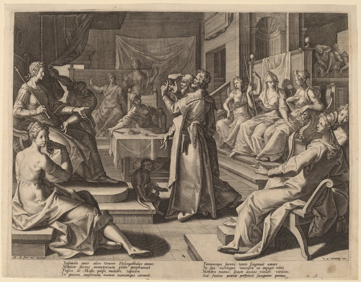 Heliogabalus och de vise kvinnorna av Raphael Sadeler I after Joos van Winghe