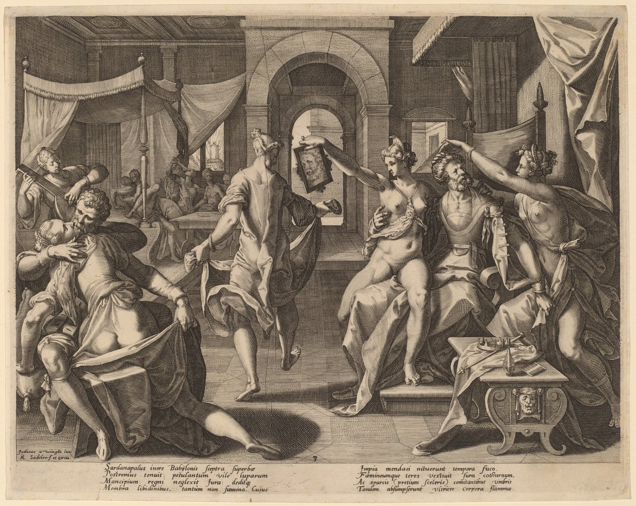 Sardanapalus bland konkubinerna av Raphael Sadeler I after Joos van Winghe