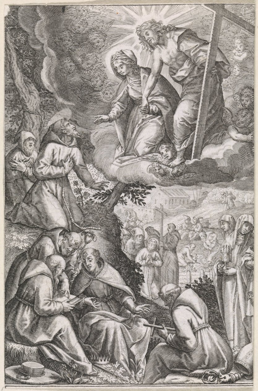 Kristus och Jungfru Maria visar sig för den helige Franciskus och hans orden av Raphaël Sadeler (I)