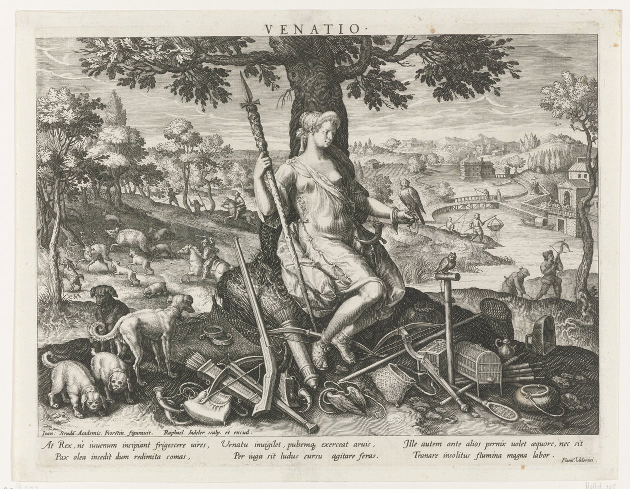 Diana som jaktens beskyddare Venatio (titel på objekt) Principal Activities of a Prince (serietitel) Schema, seu speculum principum (serietitel) av Raphaël Sadeler (I)