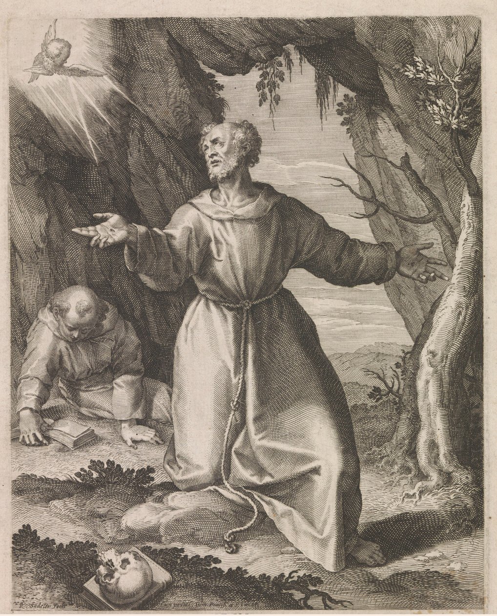 Franciskus av Assisi får stigmata av Raphaël Sadeler (I)