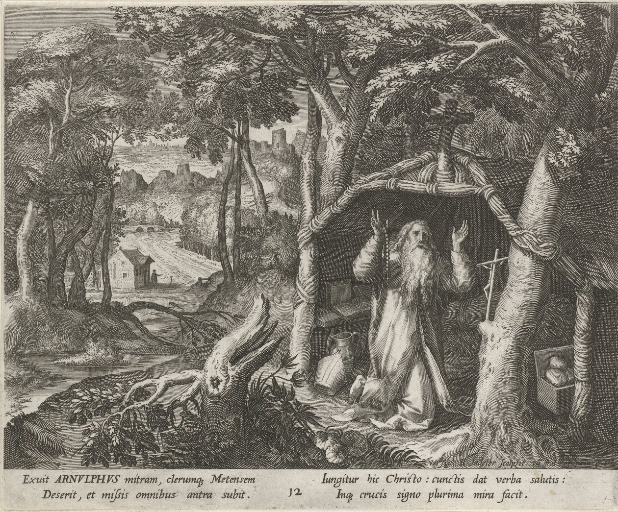 Den helige Arnold av Metz som eremit Eremiternas dygdiga liv (serietitel) Trophaeum vitae solitariae (serietitel) av Raphaël Sadeler (I)