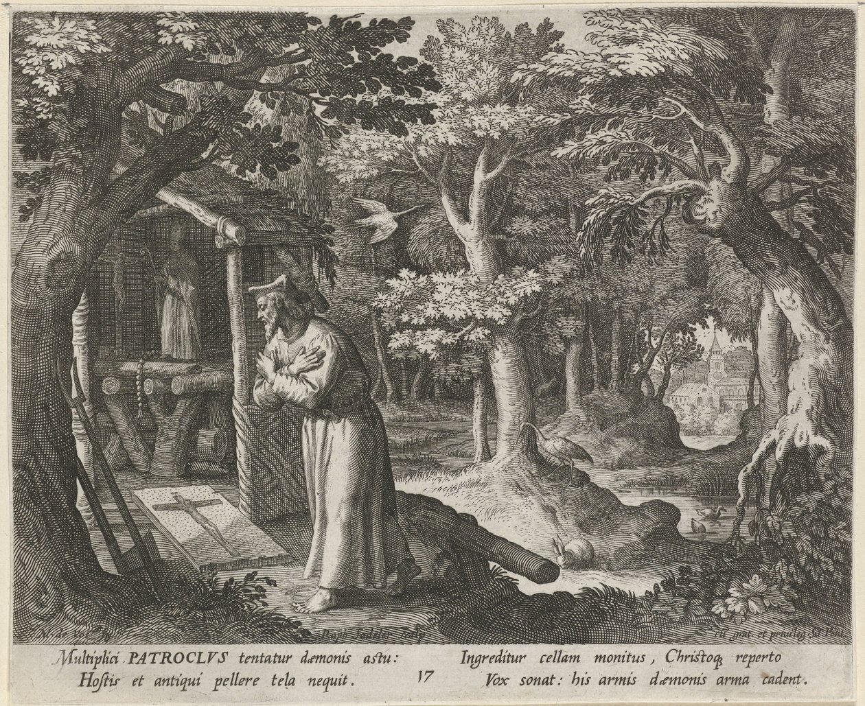 Saint Patroclus av Néris som eremit Eremiternas dygdiga liv (serietitel) Trophaeum vitae solitariae (serietitel) av Raphaël Sadeler (I)