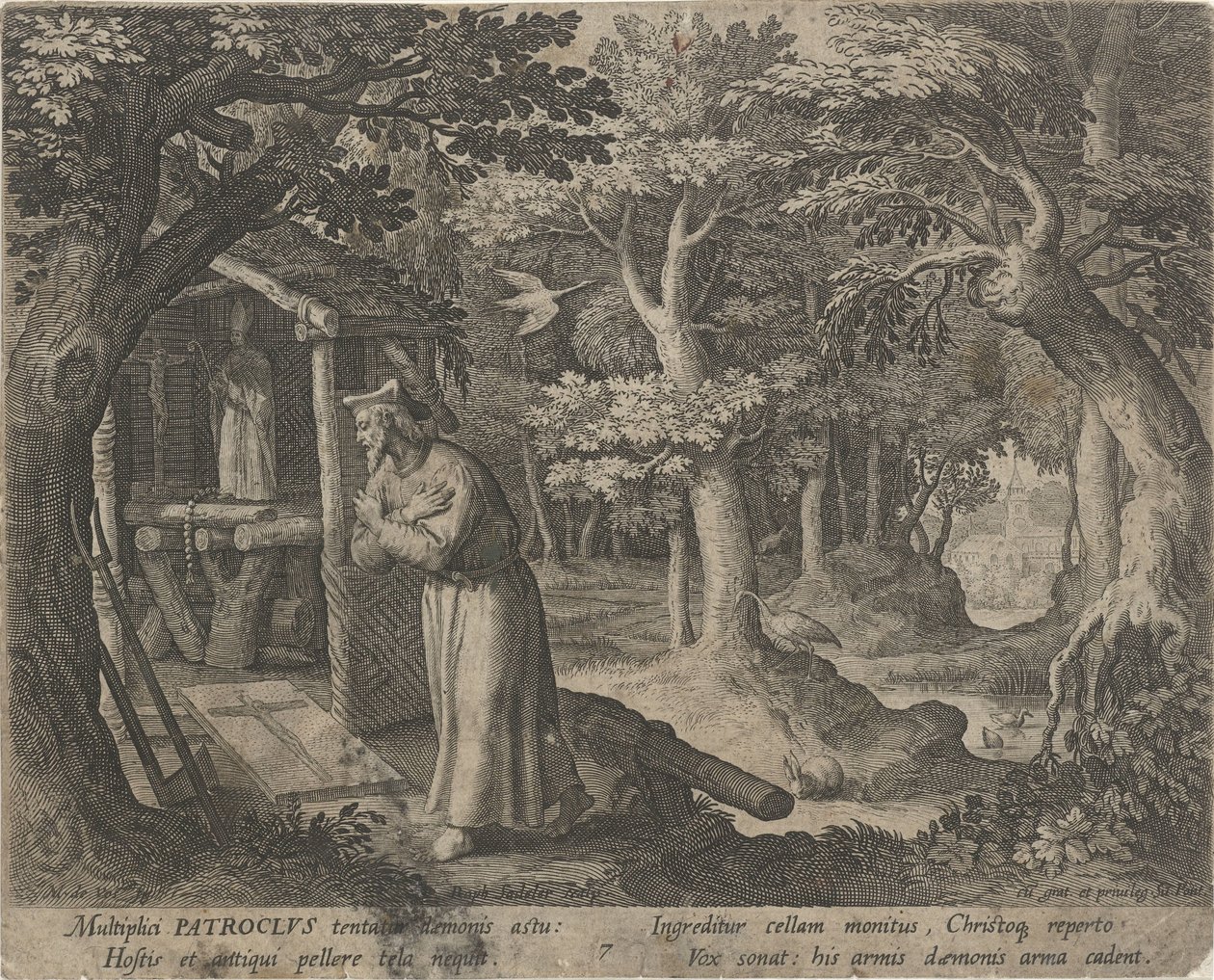 Saint Patroclus av Néris som eremit Eremiternas dygdiga liv (serietitel) Trophaeum vitae solitariae (serietitel) av Raphaël Sadeler (I)