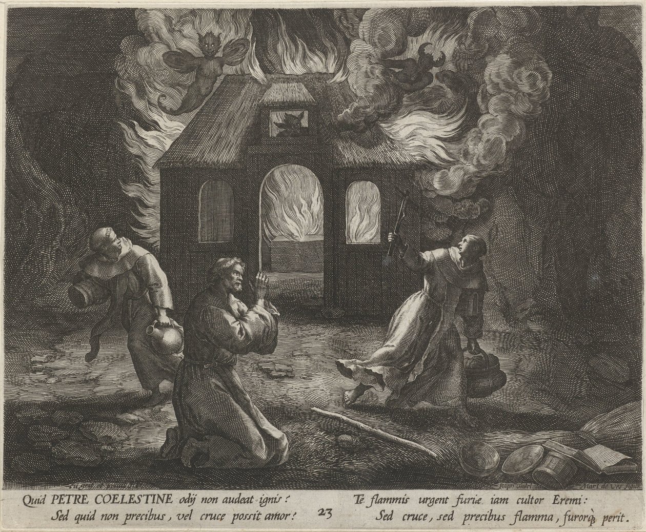 Sankt Peter Celestinus som eremit Eremiternas dygdiga liv (serietitel) Trophaeum vitae solitariae (serietitel) av Raphaël Sadeler (I)