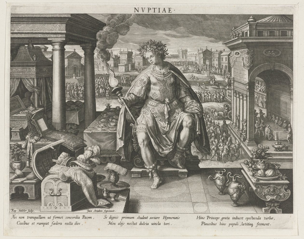 Nuptiae som personifiering av äktenskapet Nvptiae (titel på objekt) Principal Activities of a Prince (serietitel) Schema, seu speculum principum (serietitel) av Raphaël Sadeler (I)