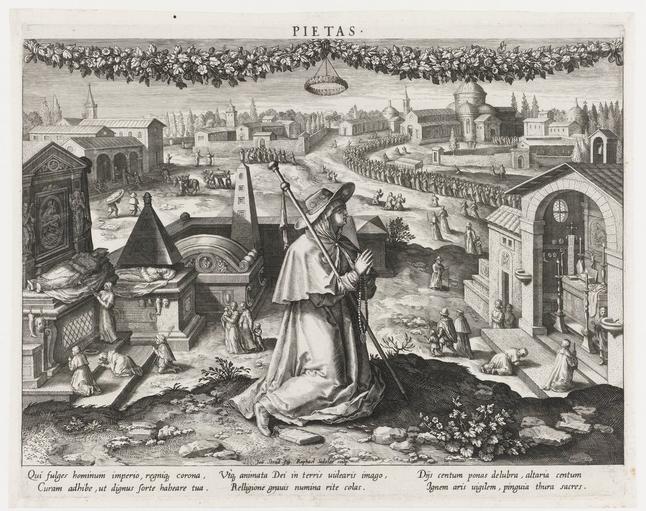 Pietas som personifiering av fromhet Pieta (titel på objekt) Principal Occupations of a Prince (serietitel) Schema, seu speculum principum (serietitel) av Raphaël Sadeler (I)