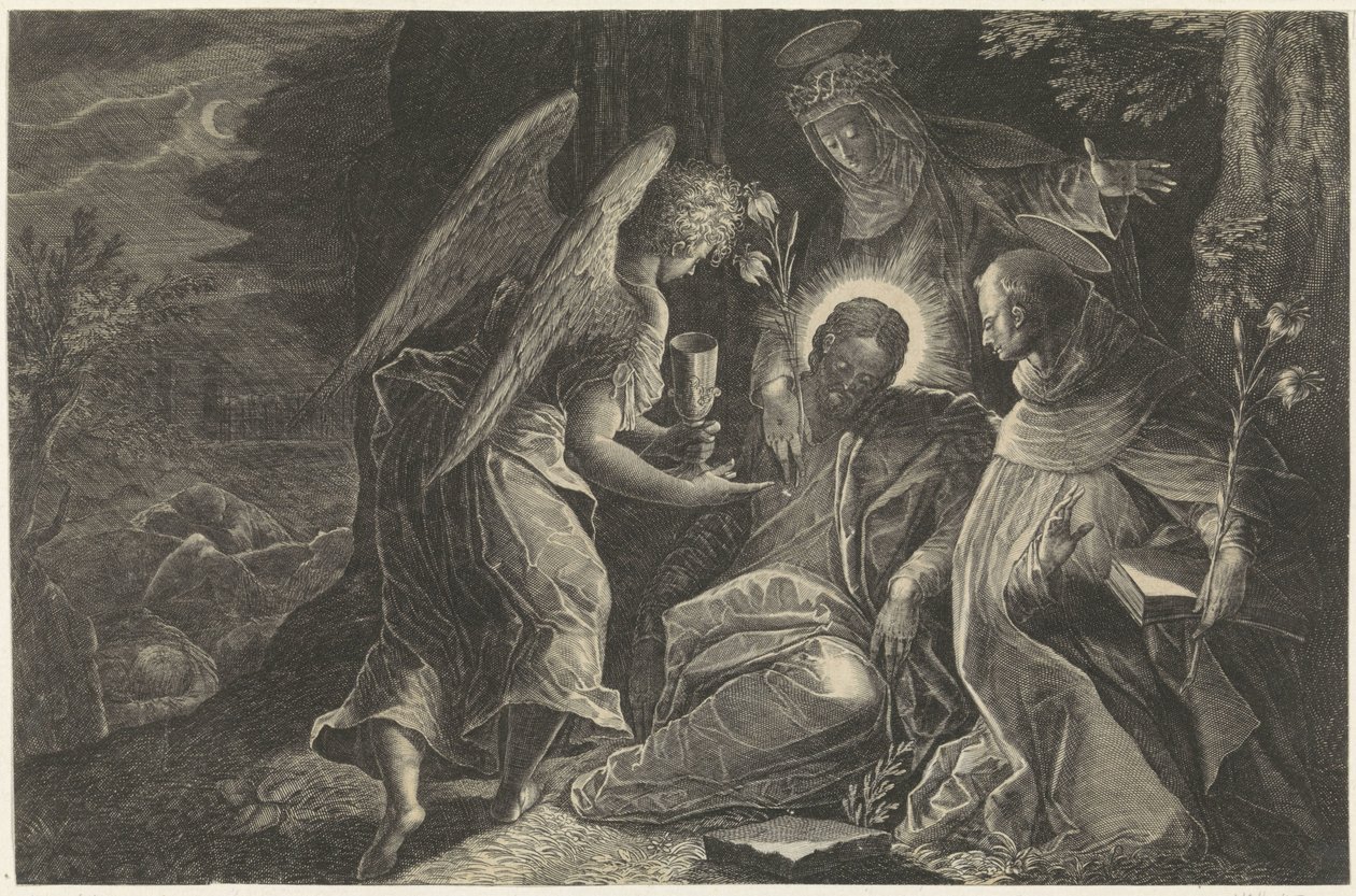 Kristus tröstas i Getsemane av en ängel, Saint Dominic och Saint Catherine of Siena Lydnadens spegel Perfectissimvm Obedientiae Specvlvm (titel på objekt) Speglar av lydnad, kyskhet och fattigdom (serietitel) av Raphaël Sadeler (II)